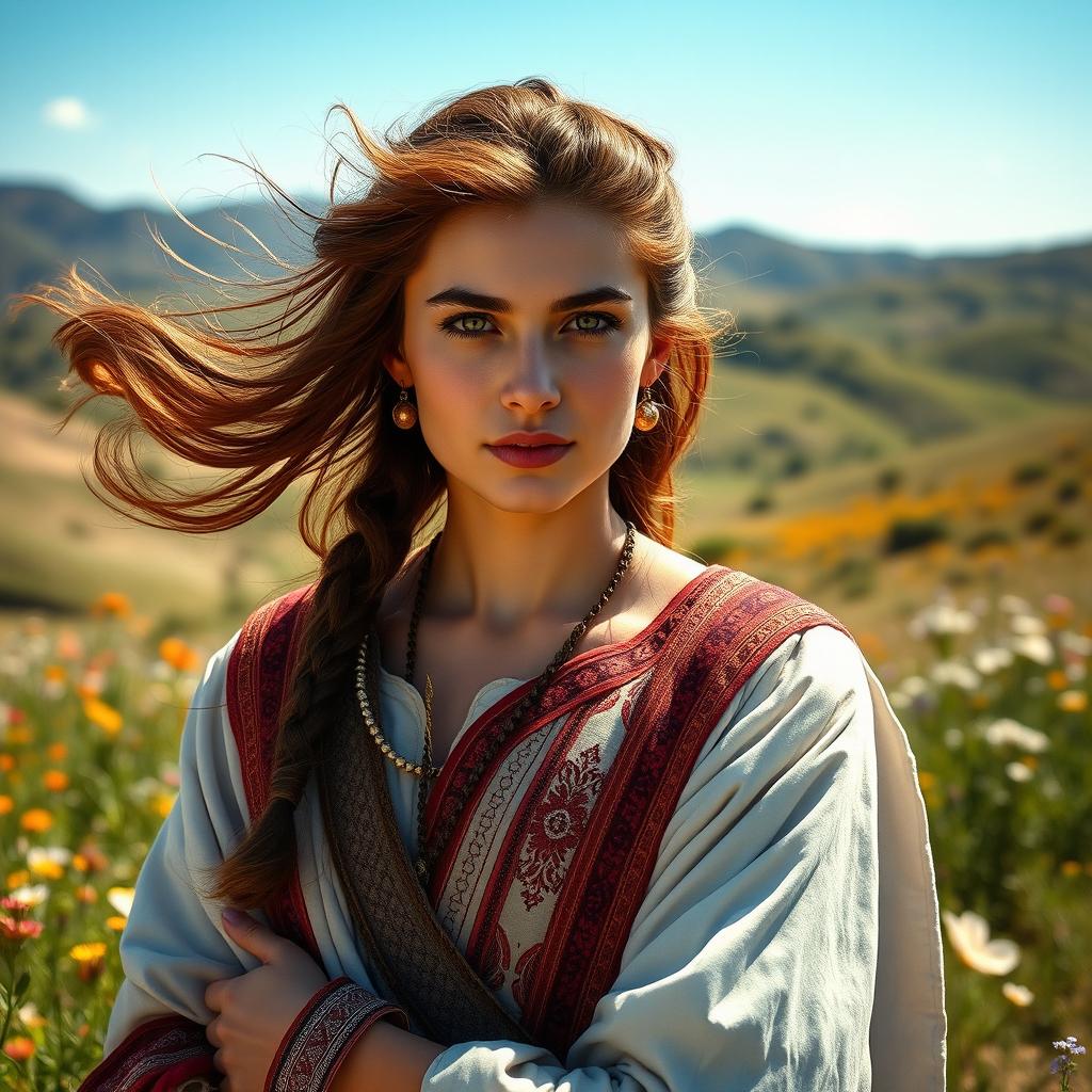 A stunning ancient Iranian girl set in a picturesque natural landscape, dressed in traditional masculine attire