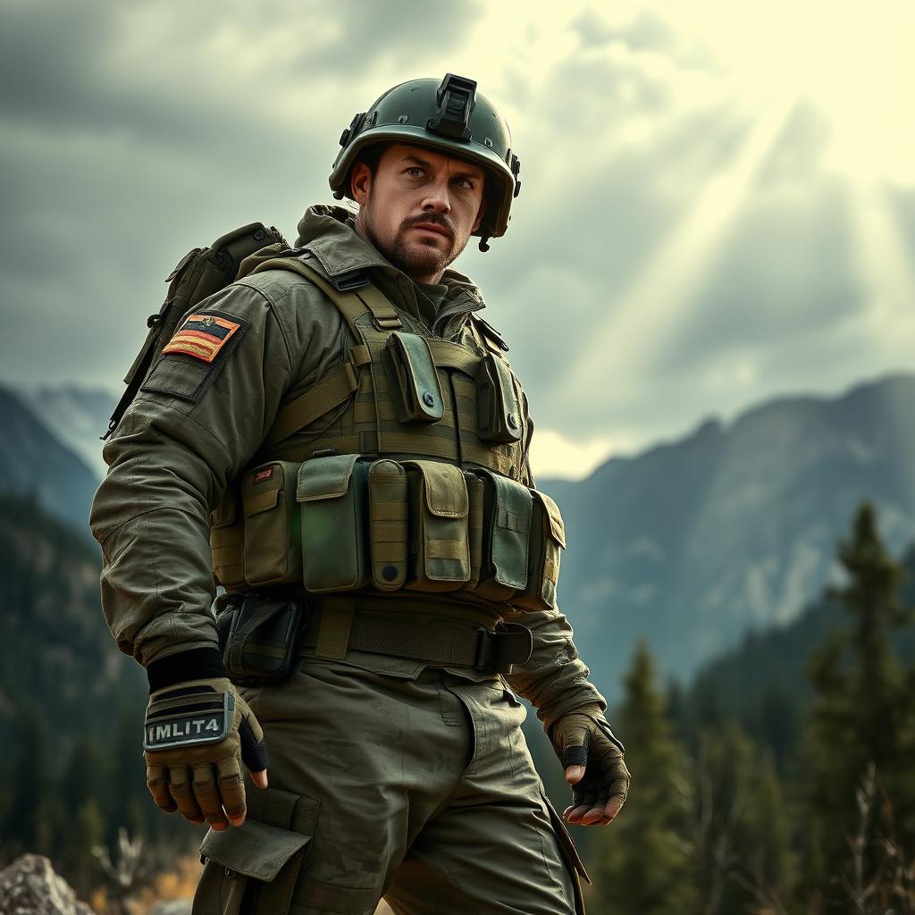 A strong and determined soldier, equipped in detailed army fatigues, standing confidently in a rugged outdoor environment