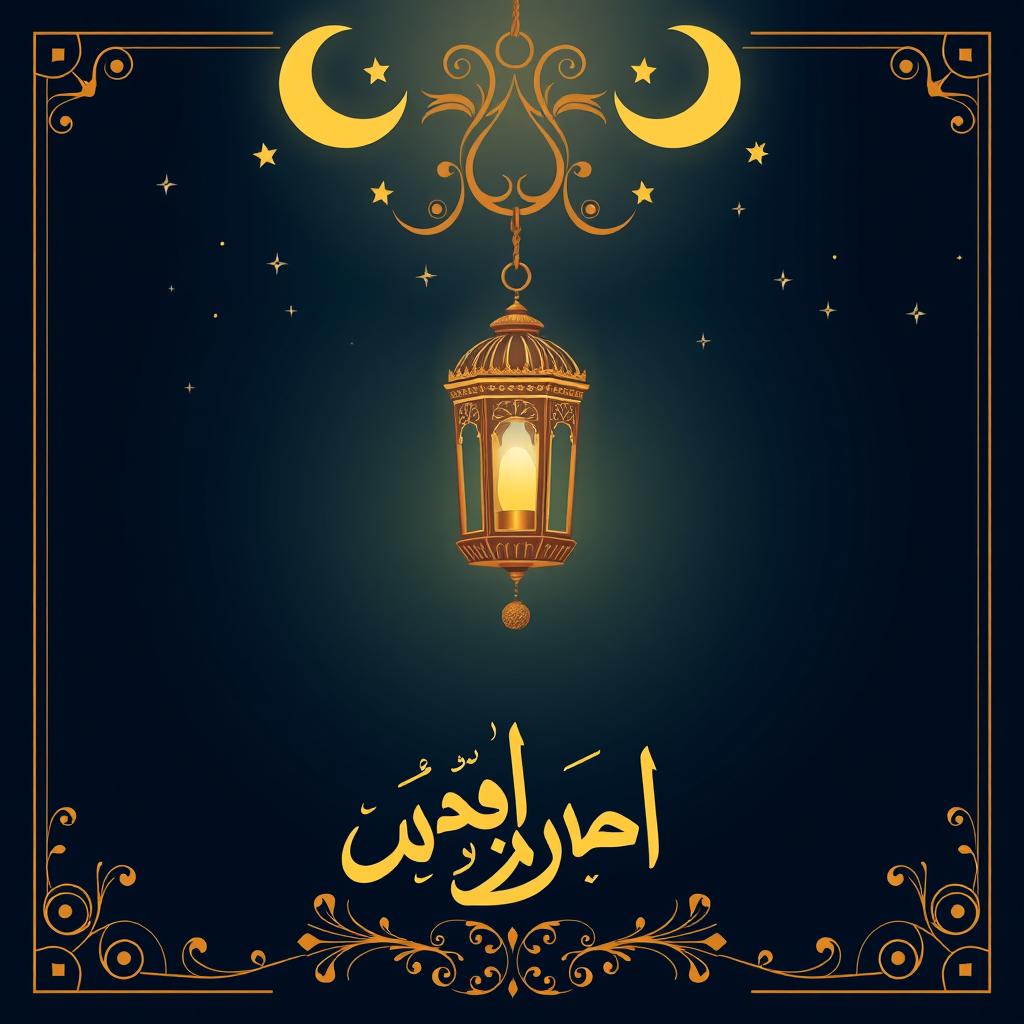 A beautiful Ramadan themed design featuring a traditional lantern (fanoos) hanging in the center, surrounded by crescent moons and star embellishments
