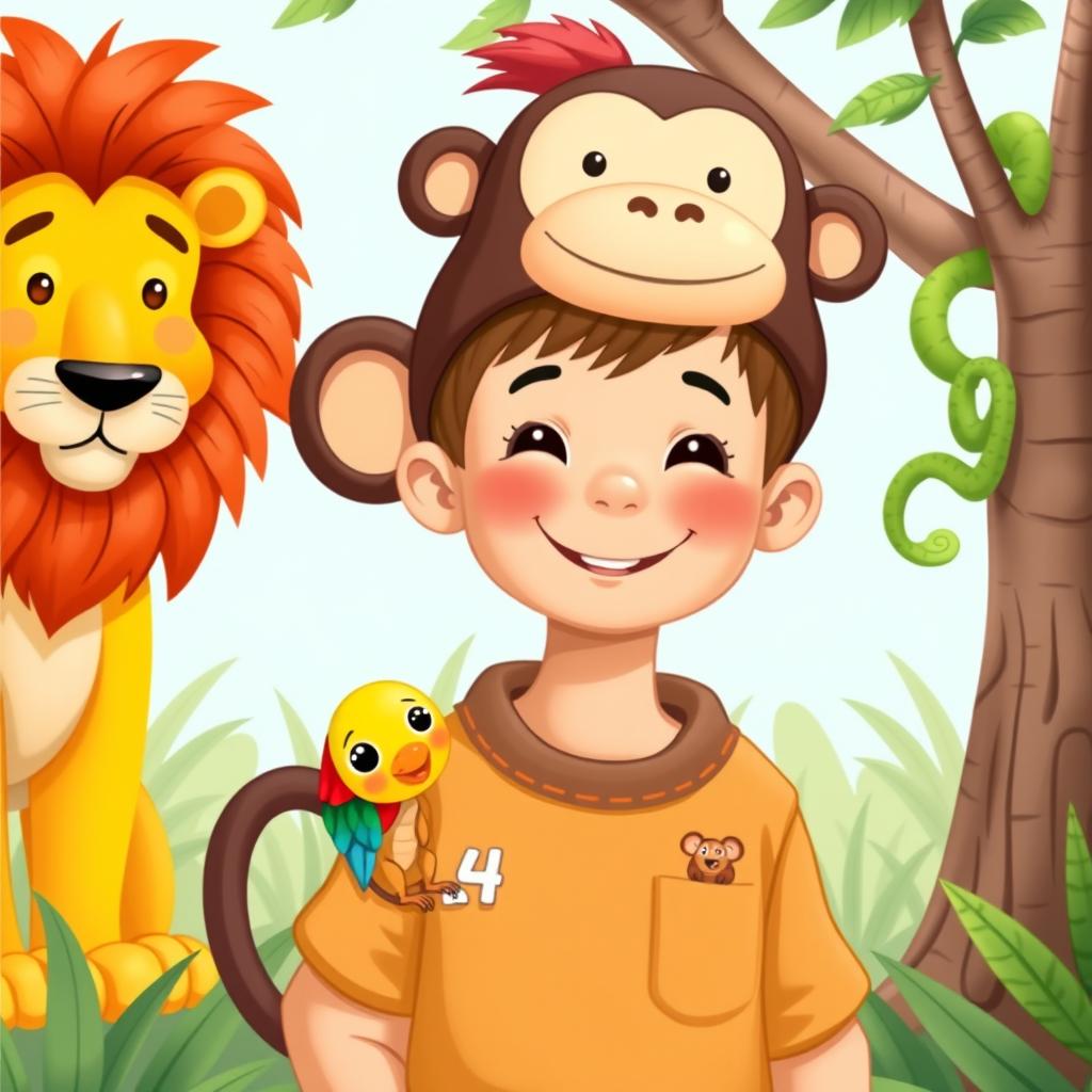 An illustration for a children's book featuring a cheerful four-year-old boy wearing a cute monkey hat