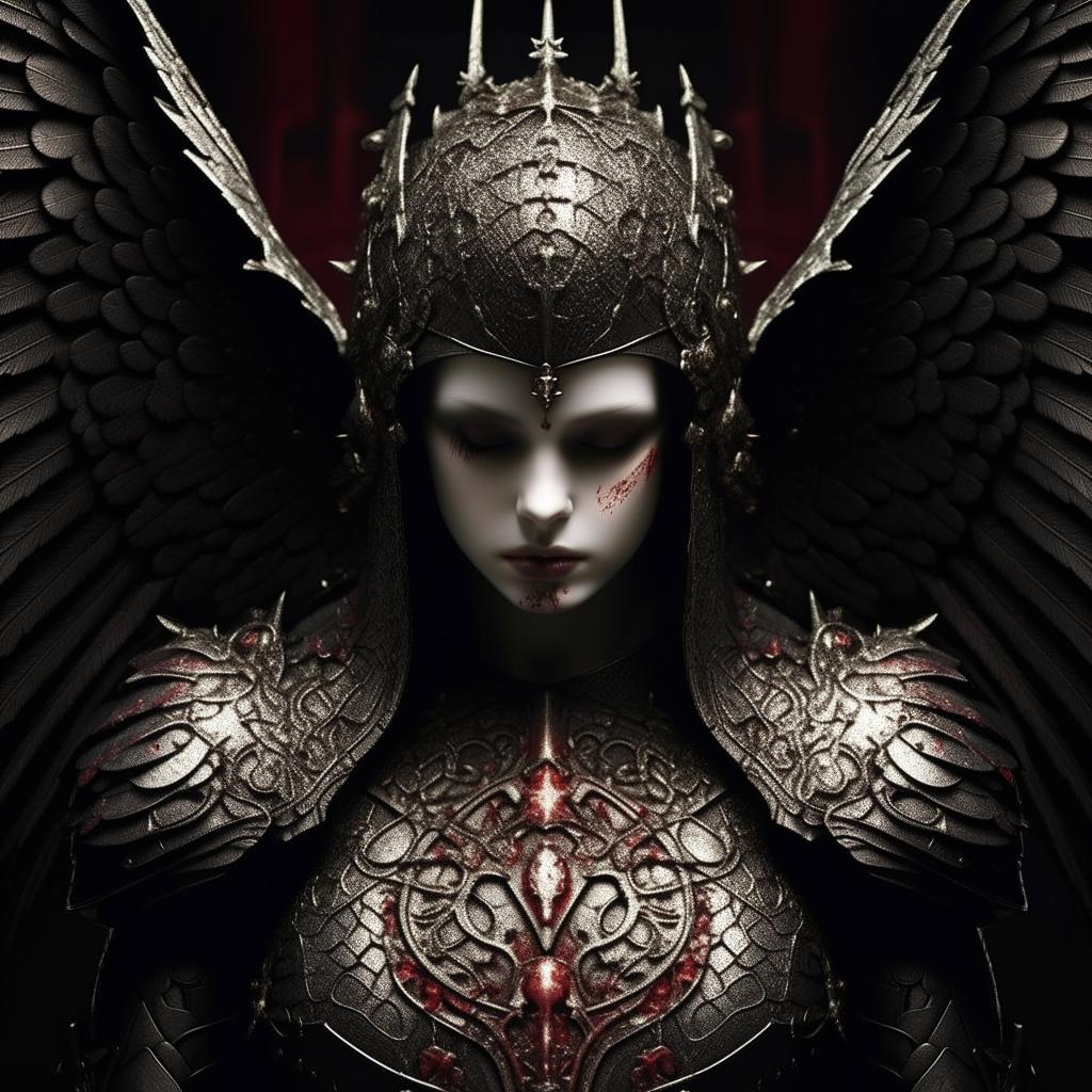 Close-up, symmetrical portrait of a gothic angel wearing intricately detailed, heavenly armour, smeared with blood, captured in ultra detail.