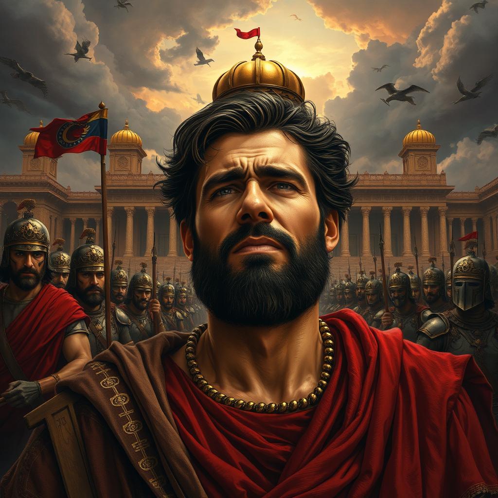 A dramatic scene set in ancient Persia, depicting a powerful moment of oppression where the ruling authorities have decided to subdue the noblemen, culminating in the tragic event of Zal being blinded