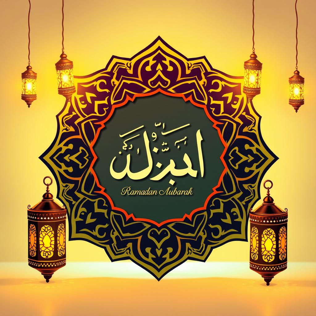 A beautifully designed greeting card for Ramadan, featuring intricate Islamic geometric patterns in vibrant colors, surrounded by decorative elements like lanterns and crescent moons