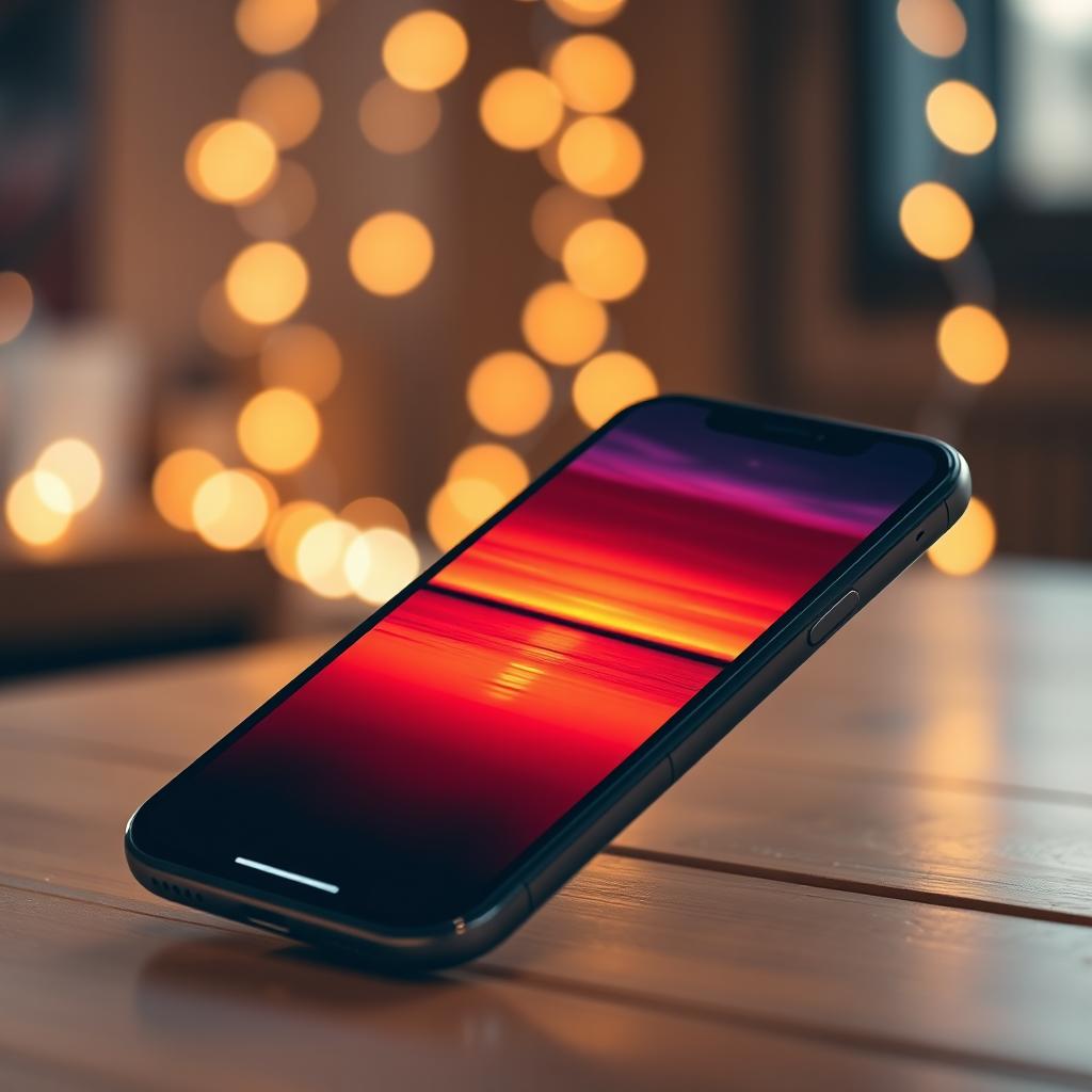 An image of a sleek iPhone with a vibrant sunset wallpaper, positioned on a wooden table