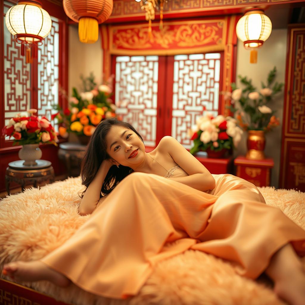 In a beautifully decorated Chinese wedding house, showcasing traditional red and gold accents with intricate details, a 50-year-old Japanese woman lies gracefully on a plush bed