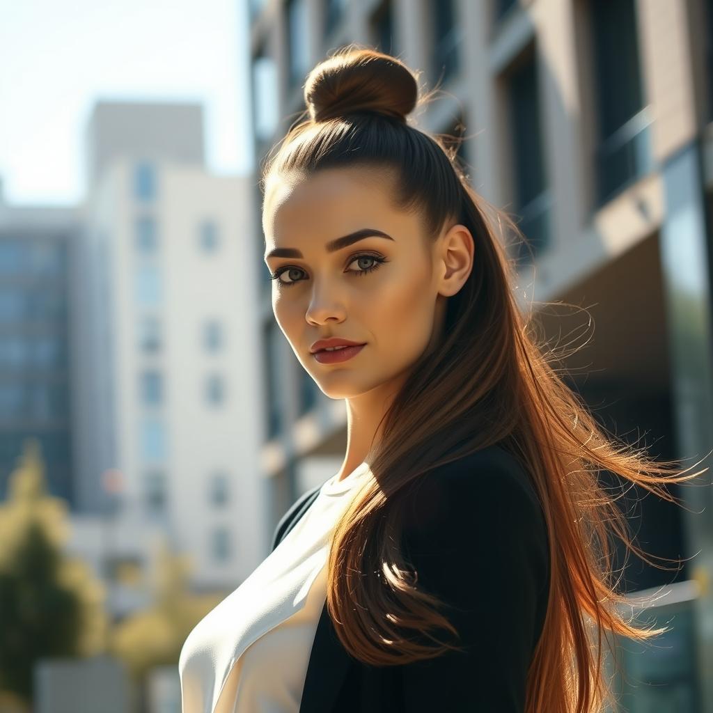 A stylish young woman with a sleek top knot hairstyle, featuring long, flowing brunette hair cascading down her shoulders
