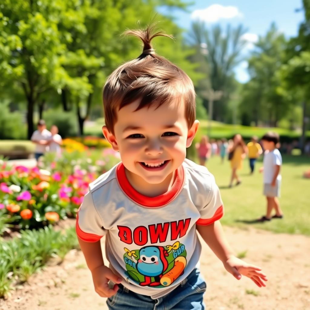 A young boy with a playful top knot hairstyle, featuring short brown hair gathered at the crown of his head