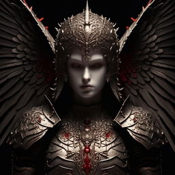 Close-up, symmetrical portrait of a gothic angel wearing intricately detailed, heavenly armour, smeared with blood, captured in ultra detail.