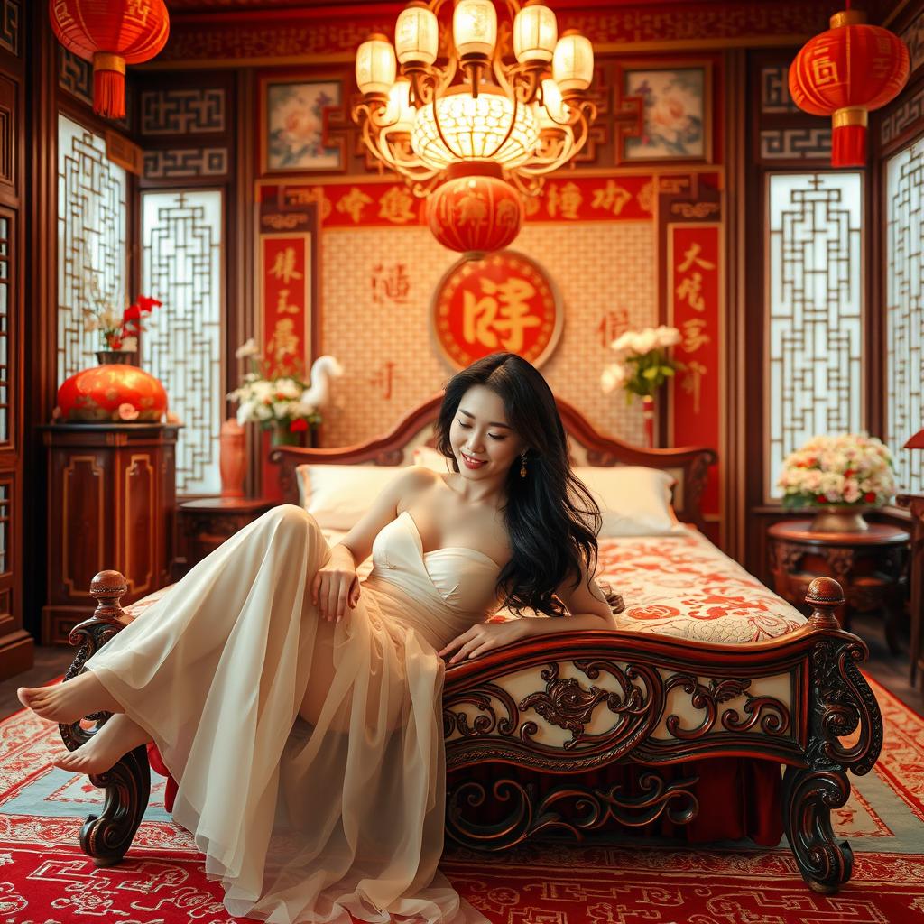 In a beautifully decorated Chinese wedding house, a 50-year-old Japanese woman reclines gracefully on an ornate bed, wearing translucent silk pants that gently drape over her figure