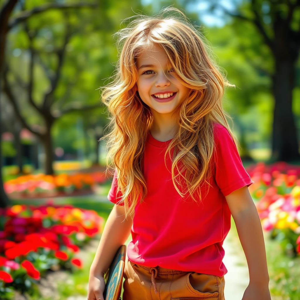 A young boy with long, wavy hair cascading down to his shoulders, looking adventurous and carefree