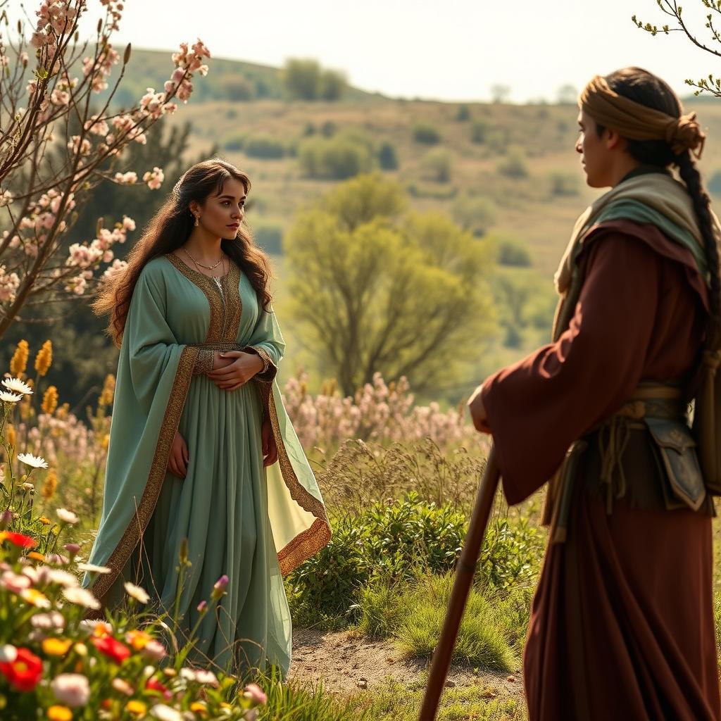 A romantic and dramatic scene set in ancient Iran, capturing the moment after the passing of Zal, where Nougol emerges from her home for the first time wearing beautiful traditional feminine clothing, symbolizing her newfound freedom and resilience