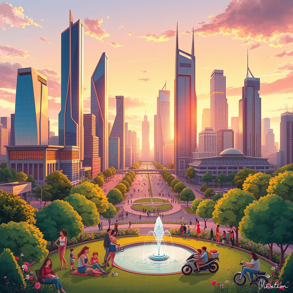 A vibrant and dynamic illustration of a futuristic city skyline at dawn, featuring sleek skyscrapers with glass facades reflecting the golden sunlight