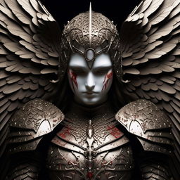 Close-up, symmetrical portrait of a gothic angel wearing intricately detailed, heavenly armour, smeared with blood, captured in ultra detail.