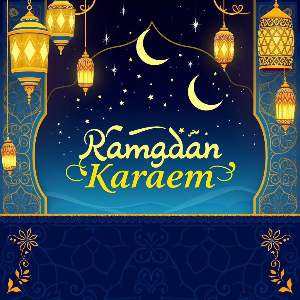 A beautifully decorated Ramadan Kareem card featuring intricate Islamic geometric patterns, vibrant colors like deep blue and gold, and the phrase 'Ramadan Kareem' artistically inscribed in elegant Arabic calligraphy