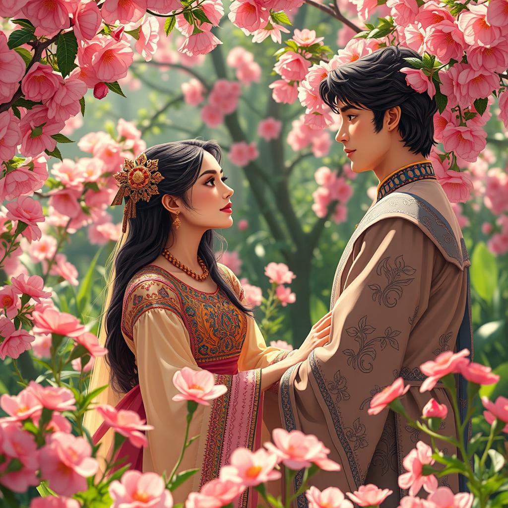 A romantic and emotionally charged scene in ancient Persia, focusing on Nougol who initially pretends to be in love to find security, all while dressed in beautiful traditional attire
