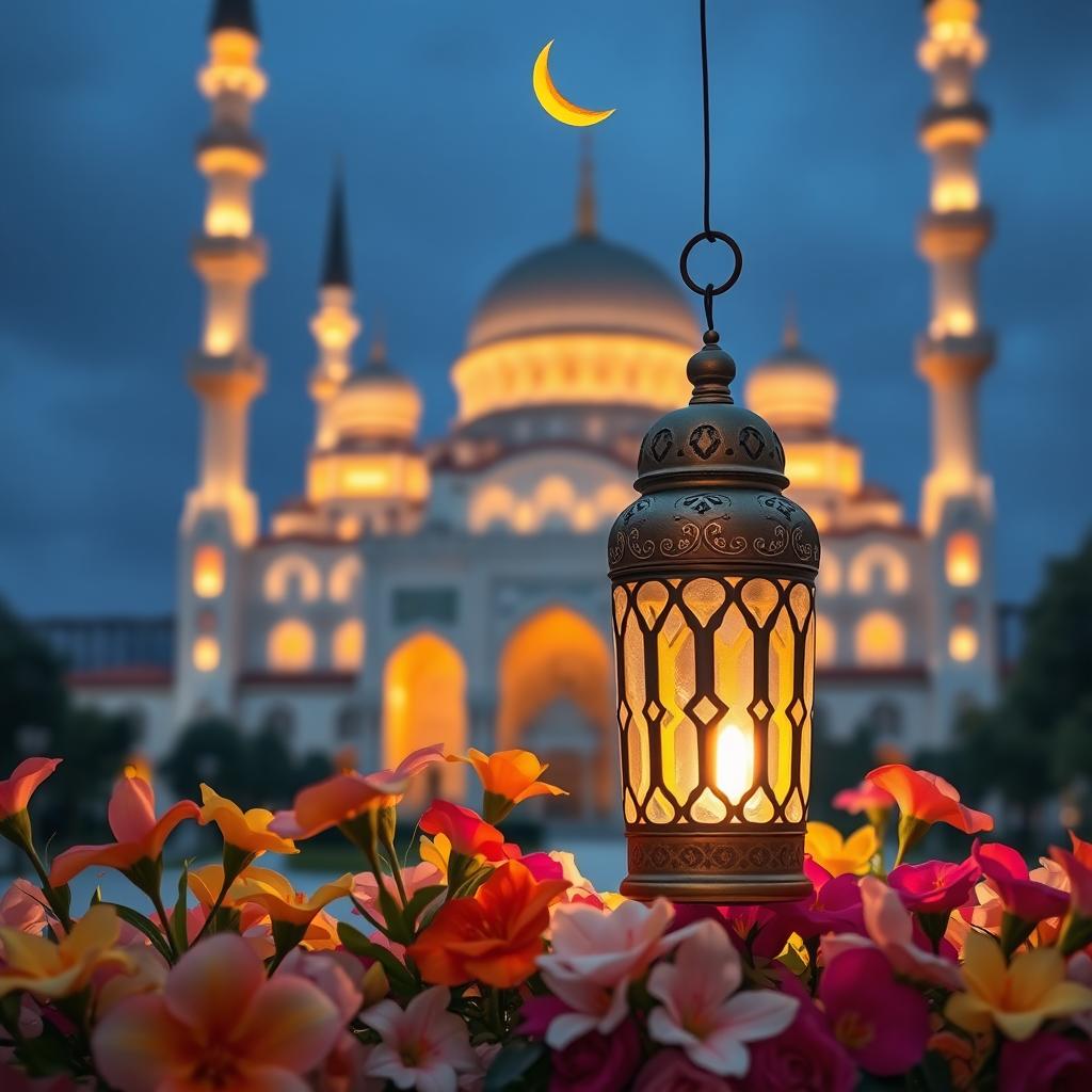 A beautiful Ramadan scene featuring a crescent moon and a traditional lantern (fanous), surrounded by blooming flowers, all set against the backdrop of a grand mosque