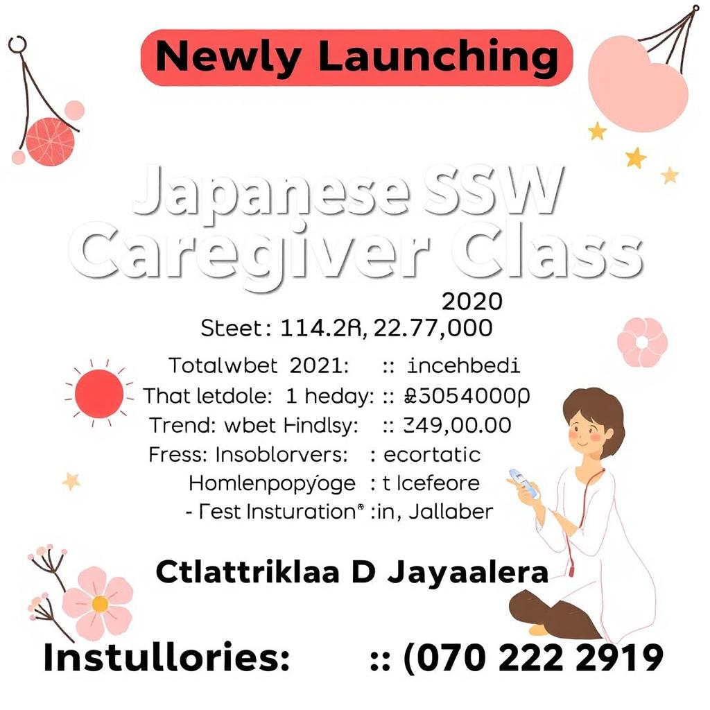 A visually engaging banner for a newly launching Japanese SSW Caregiver Class, featuring the following details: The class will be conducted via Zoom, starting on March 18, 2025, from 7 PM to 9 PM