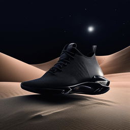 Avant-garde concept sneaker in black, positioned dramatically amidst black sand dunes under a moonlit night sky.