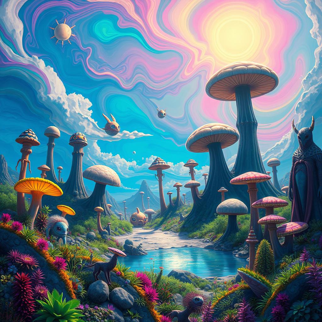 A vibrant and colorful alien paradise, featuring exotic plants with luminescent foliage, towering fungi in various shapes and sizes, and a sky filled with swirling hues of blue, pink, and green