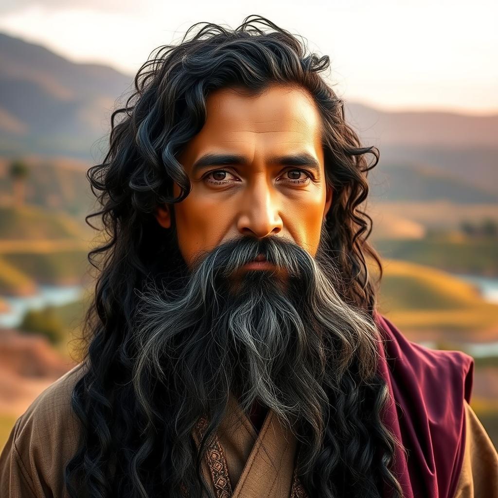 A man with long, curly black hair and a long black mustache, featuring a long beard that is a mix of black and gray