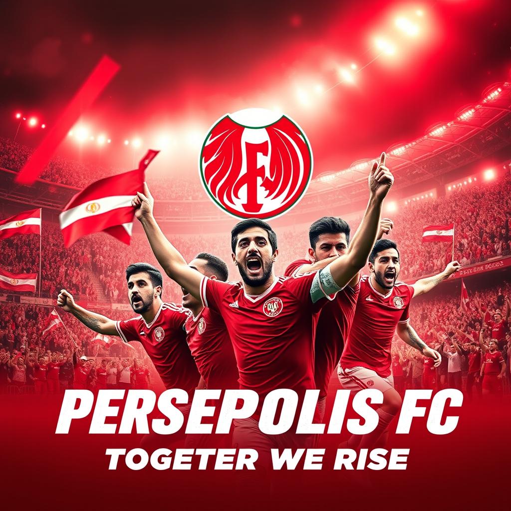 A vibrant and dynamic poster for the Persepolis Football Club, featuring the club's iconic red colors and logo prominently displayed