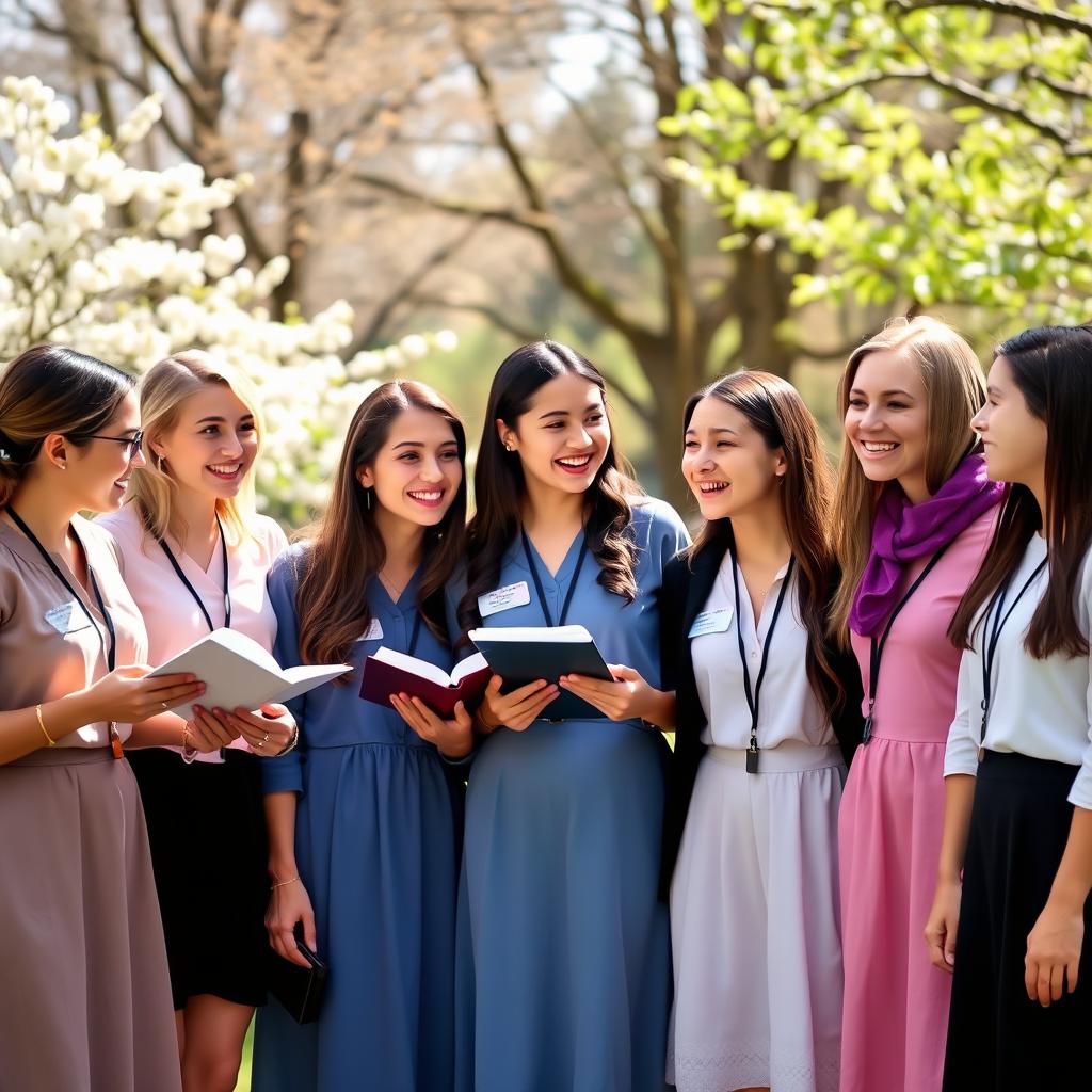 A group of young Mormon female missionaries, dressed in modest clothing, standing together with friendly smiles in a sunlit park