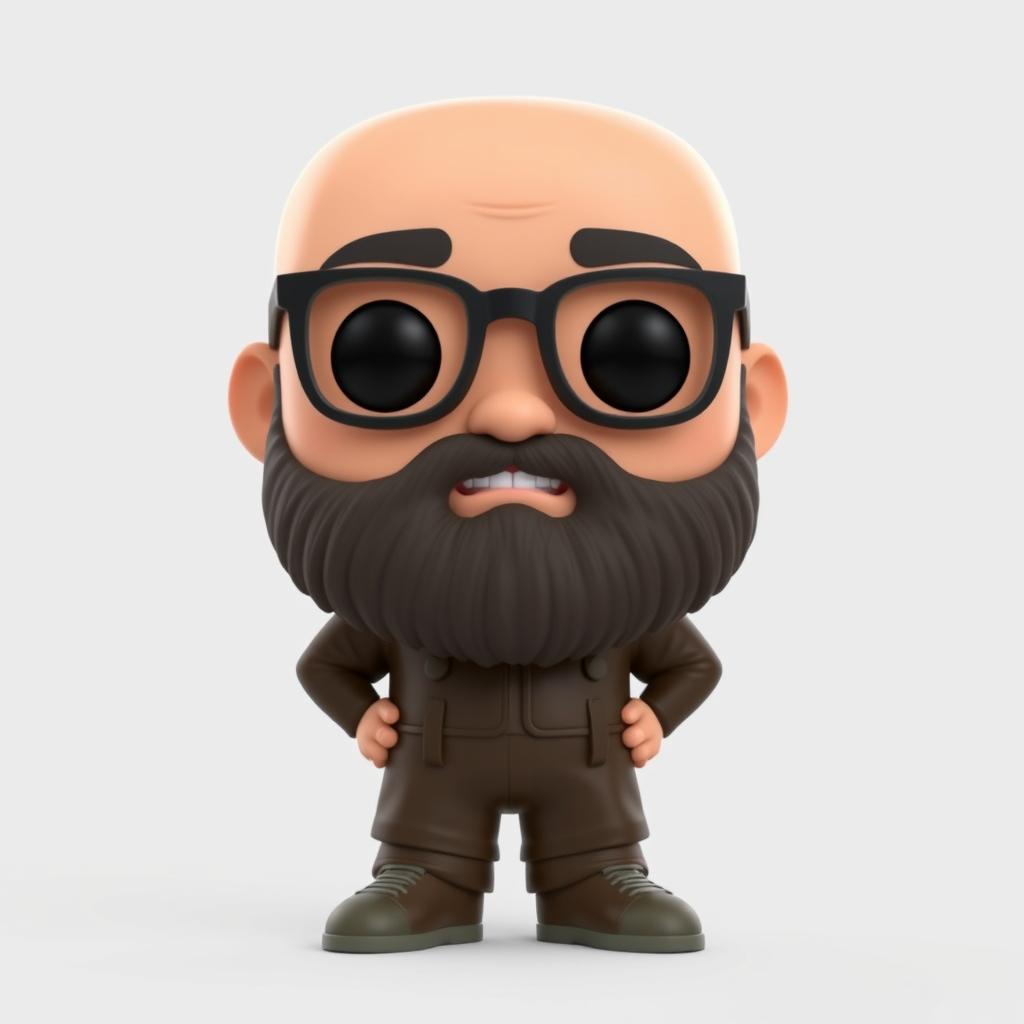 A 3D illustration of a Funko Pop-style figure featuring a chubby bald man with a beard and glasses