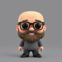 A 3D illustration of a Funko Pop-style figure of a chubby bald man with a beard and glasses