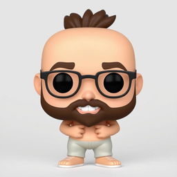 A 3D illustration of a Funko Pop-style figure of a chubby bald man with a beard and glasses