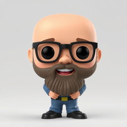 A 3D illustration of a Funko Pop-style figure of a chubby bald man with a beard and glasses