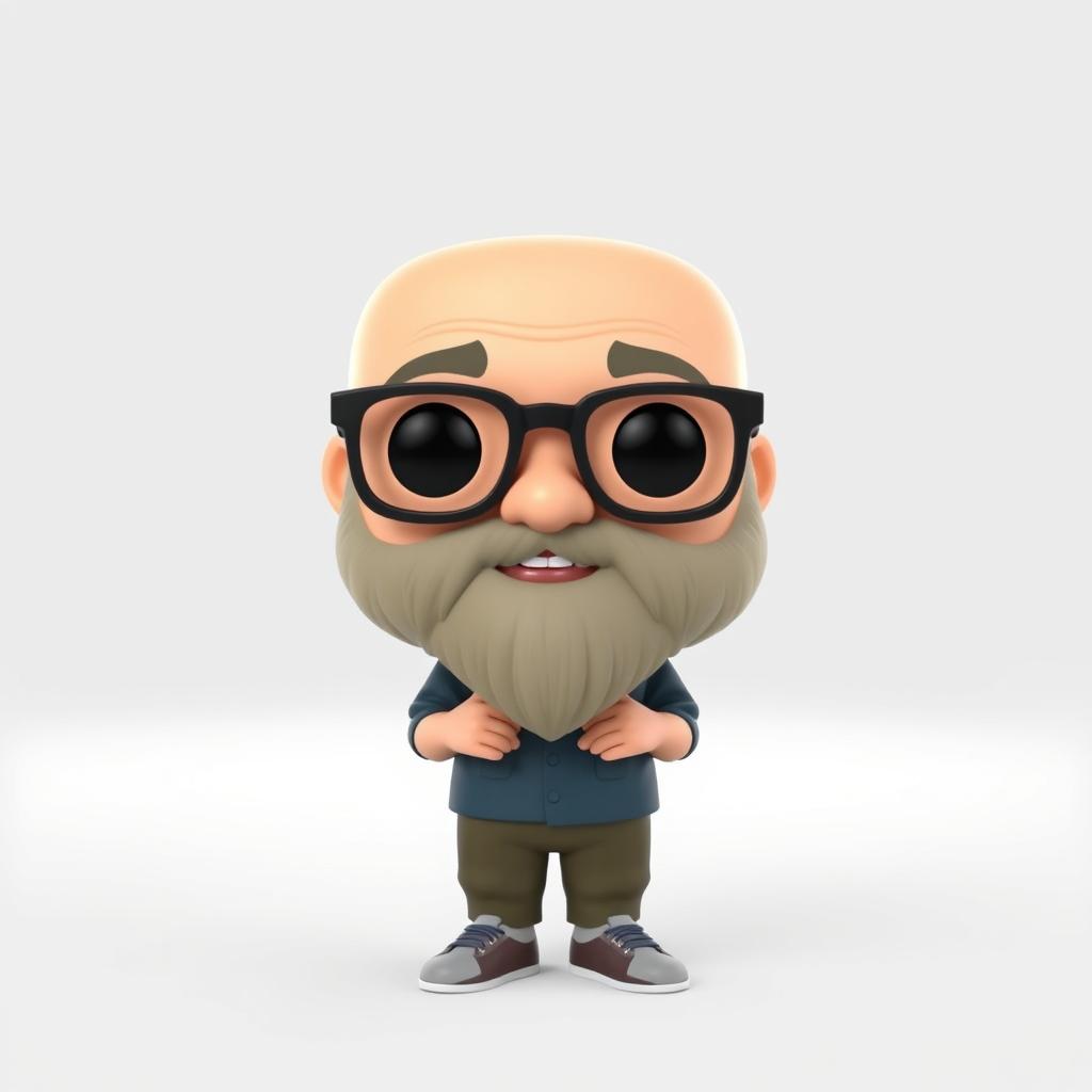 A 3D illustration of a Funko Pop-style figure of a chubby bald man with a beard and glasses