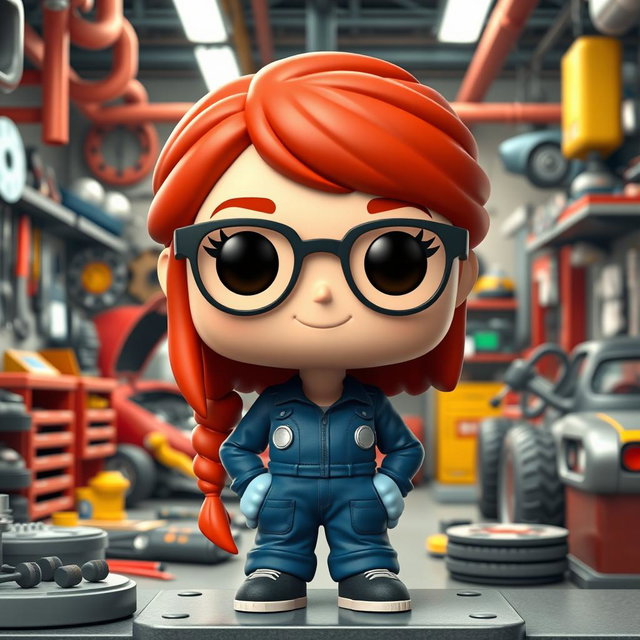 A 3D illustration of a Funko Pop-style figure representing a red-haired mechanic girl wearing glasses