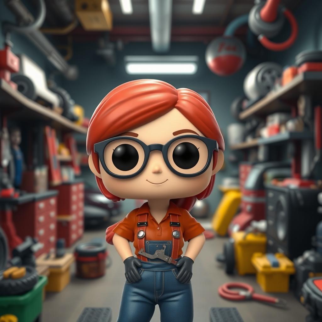 A 3D illustration of a Funko Pop-style figure representing a red-haired mechanic girl wearing glasses