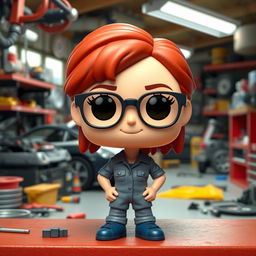 A 3D illustration of a Funko Pop-style figure representing a red-haired mechanic girl wearing glasses
