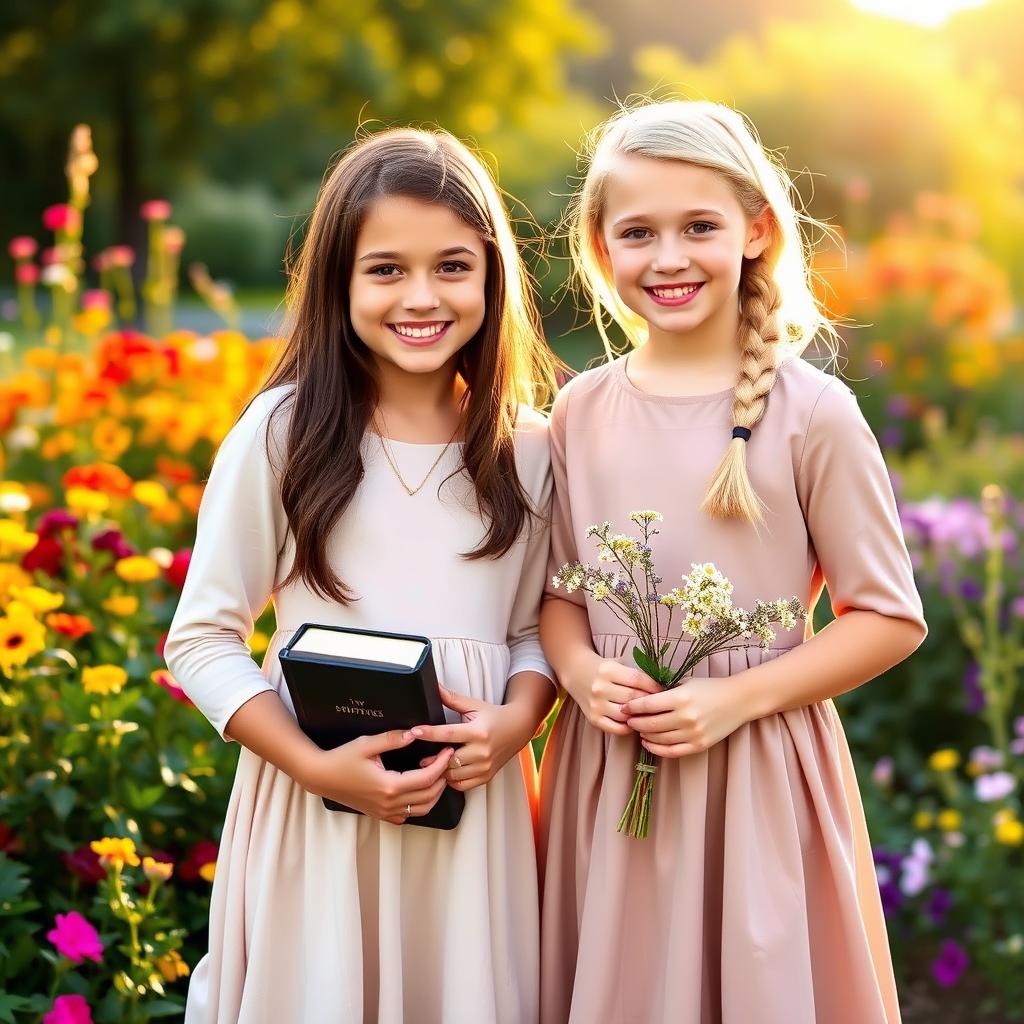 Two young Mormon girls wearing modest dresses, standing side by side with cheerful expressions in a picturesque outdoor setting