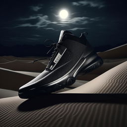 Avant-garde concept sneaker in black, positioned dramatically amidst black sand dunes under a moonlit night sky.