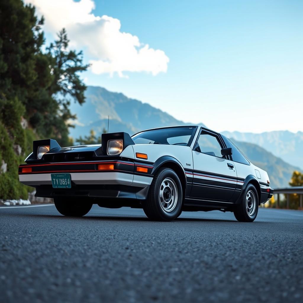 A stunning 1984 Toyota AE86 Sprinter Trueno parked on a winding mountain road, surrounded by lush greenery and a clear blue sky