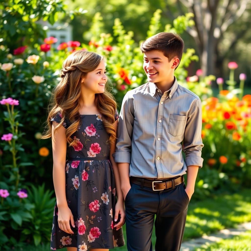Two young Mormon teenagers, a boy and a girl, standing in a vibrant outdoor setting