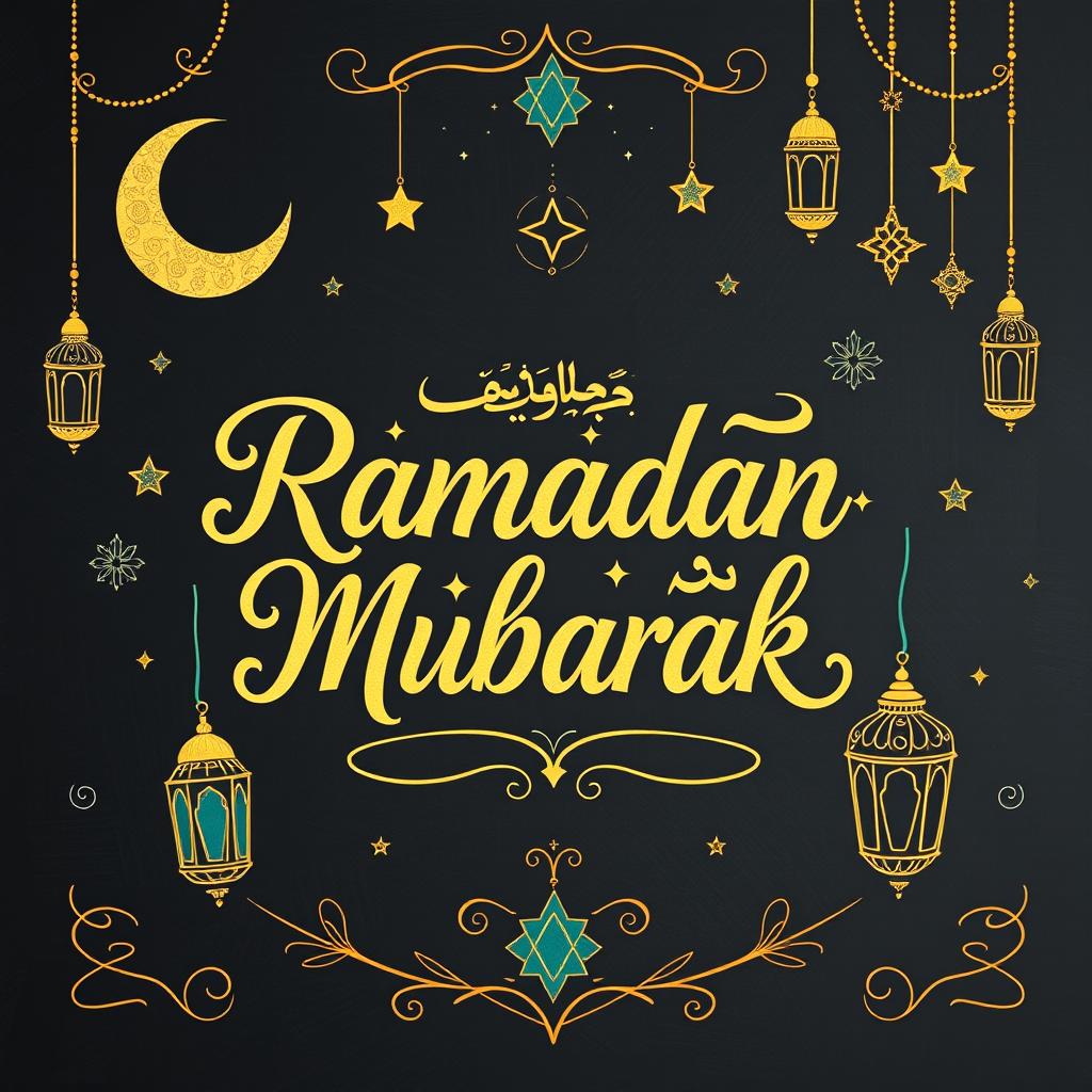 A beautifully designed Ramadan greeting card featuring the text 'Ramadan Mubarak' creatively written in Arabic calligraphy