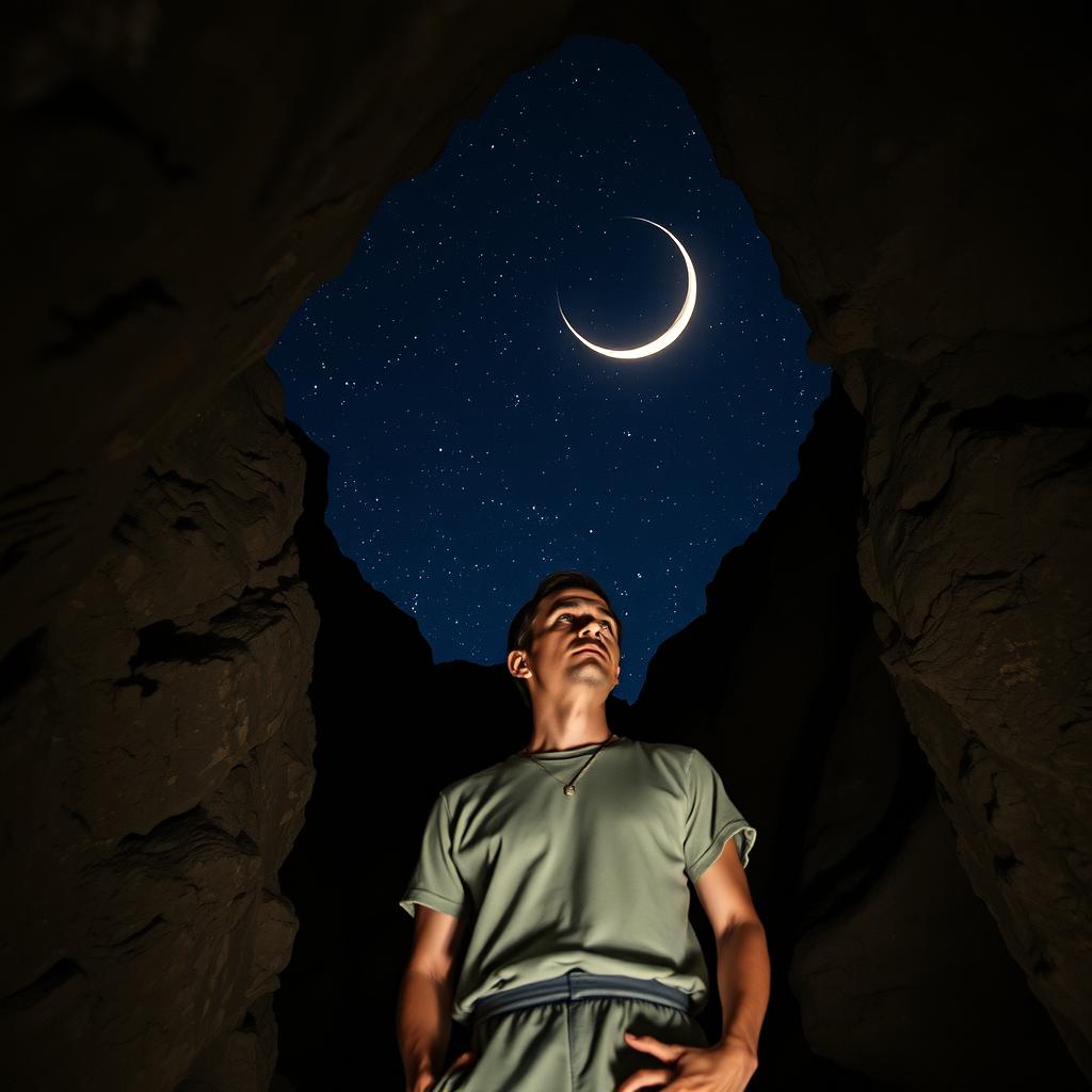 A serene night scene inside a cave, featuring a man deep in thought