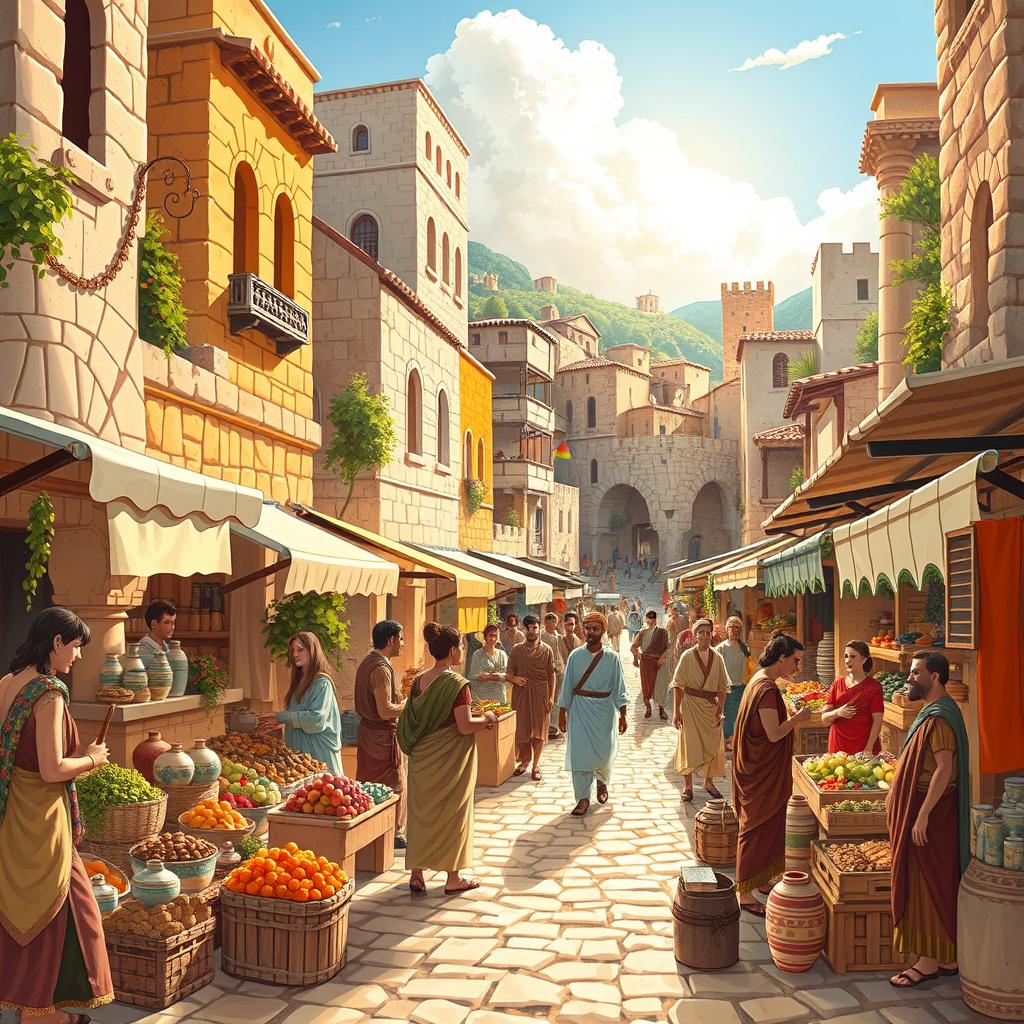 An illustrated historical scene depicting a bustling ancient marketplace in a Mediterranean town