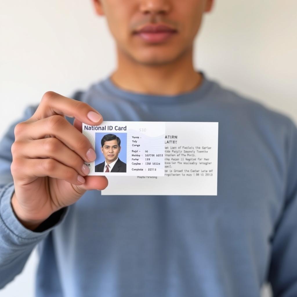 A person holding a national ID card in their left hand and a piece of paper with text in their right hand
