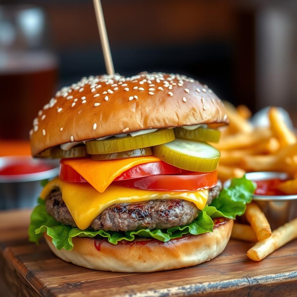 A close-up of a delicious hamburger, featuring a sesame seed bun, juicy beef patty cooked to perfection, topped with melted cheddar cheese, fresh lettuce, ripe tomatoes, crunchy pickles, and a dollop of creamy mayonnaise