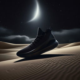 Avant-garde concept sneaker in black, positioned dramatically amidst black sand dunes under a moonlit night sky.