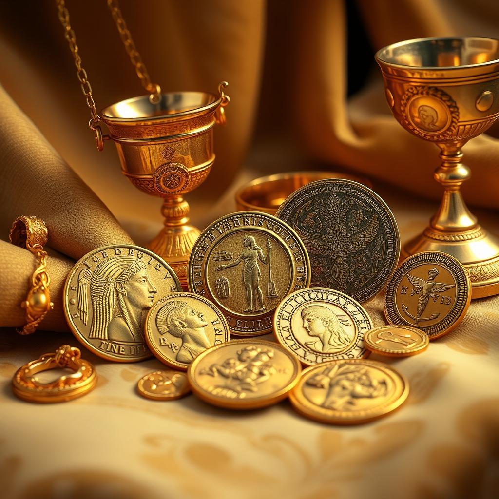 An intricate and visually stunning representation of historical gold artifacts, showcasing ancient Egyptian gold jewelry, ornate Roman coins, and delicate medieval chalices