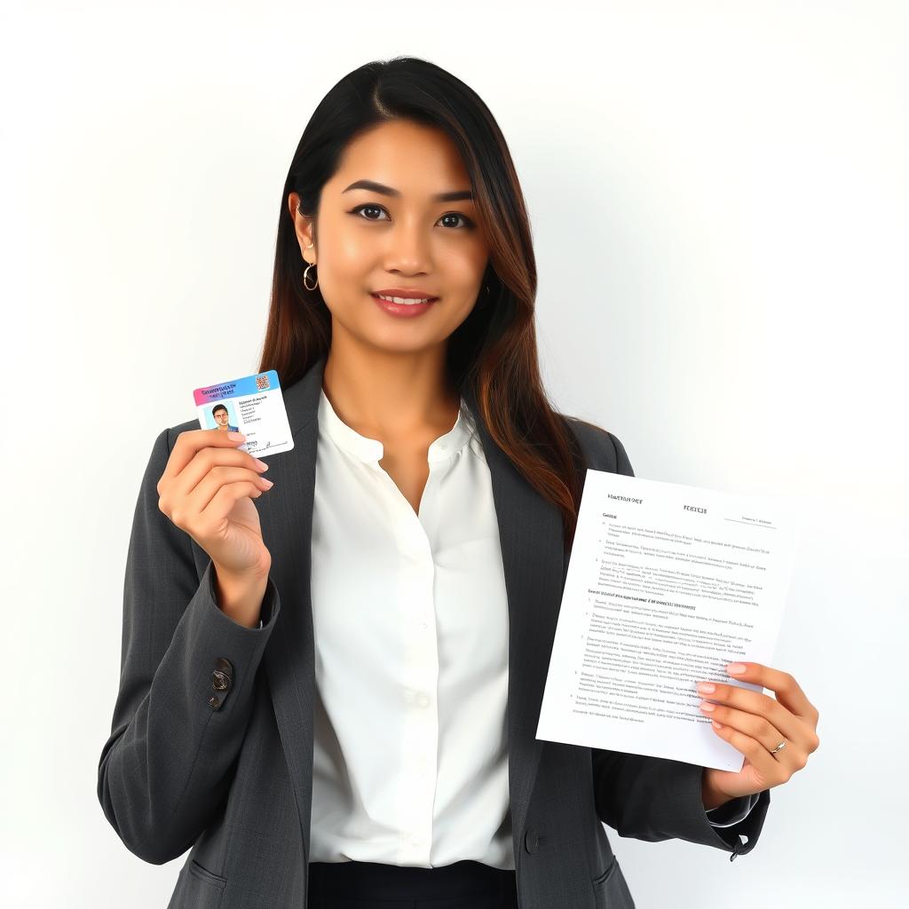 A woman holding a national ID card in her left hand and a piece of paper with text in her right hand
