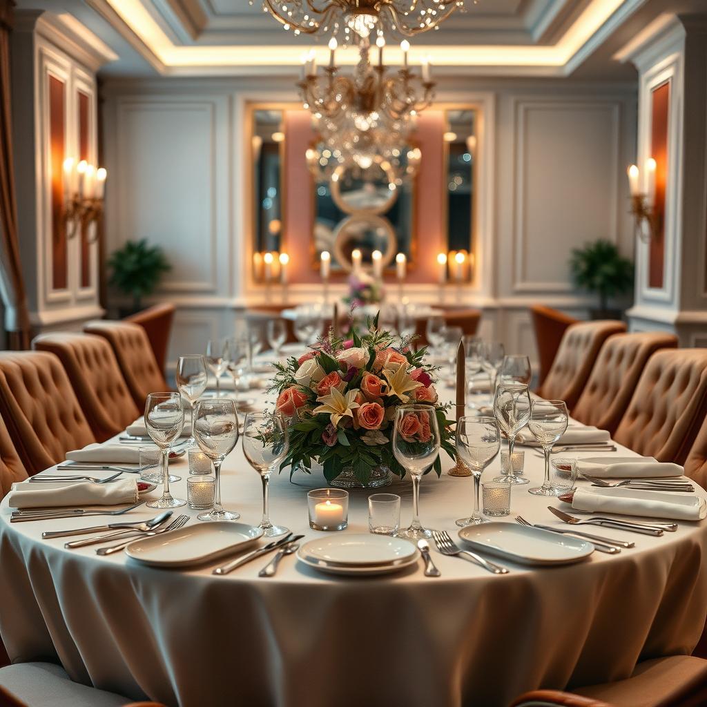 An elegant, refined dinner table set for an exclusive meeting in a luxury restaurant