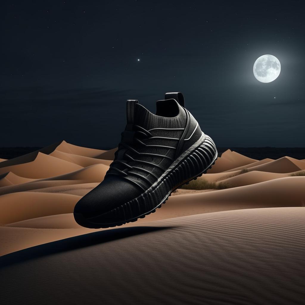 Avant-garde concept sneaker in black, positioned dramatically amidst black sand dunes under a moonlit night sky.