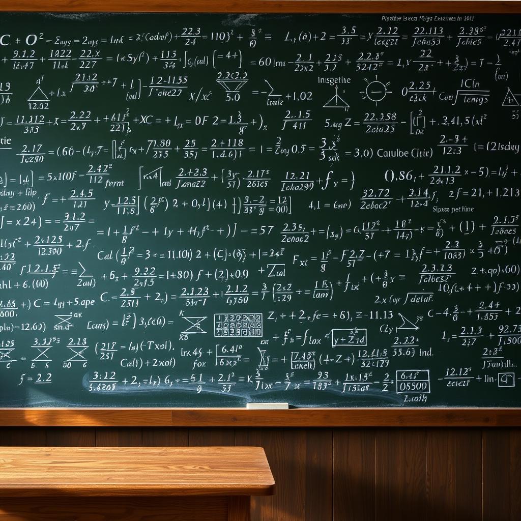 A blackboard filled with intricate and complex mathematical equations, including calculus, algebra, and geometry formulas