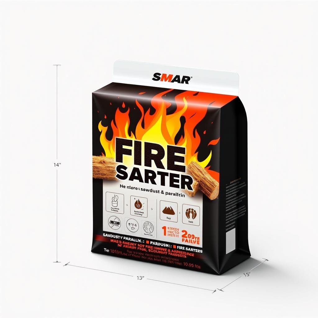 A packaging design for fire starters made from sawdust and paraffin, featuring a sleek and modern aesthetic